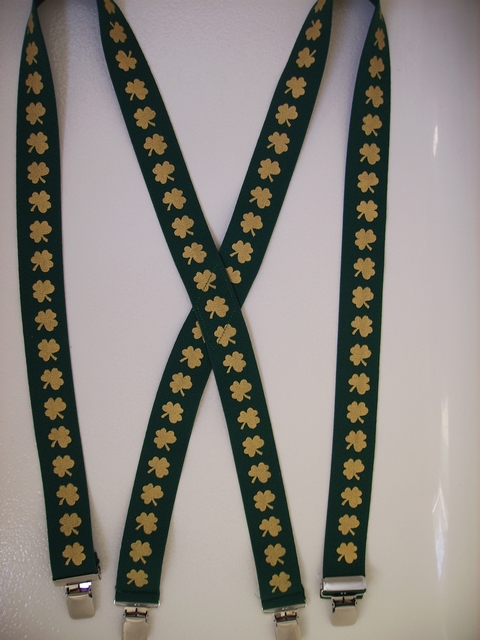 GOLD SHAMROCKS ON GREEN BACKGROUND 1 1/2"x48" Suspenders with 4 strong 1"X1" Grips and 2 Length Adjusters in the front, all in NICKEL FINISH. UB220N48SH#3